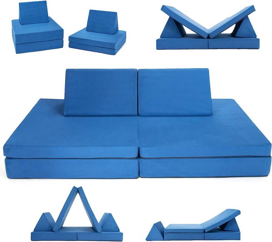 CW COSTWAY 4-in-1 kinderspeelset 6-delig multifunctionele kinderbank matrassen en kussens blauw