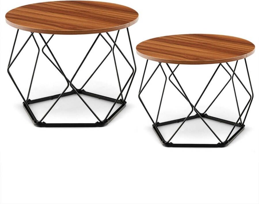 CW COSTWAY Set van 2 Ronde Koffietafels met EVA Pads Rustiek Bruin