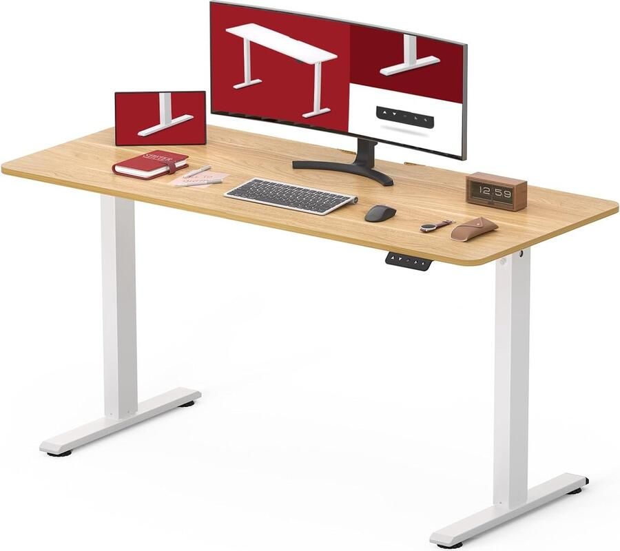 D&B Bureau Elektrisch Verstelbaar Zit Sta Bureau Kantoor 110 x 60 Cm Minimaal 71 Cm & Maximaal 116 Cm Hoog Geheugenfunctie Thuiswerken Kleur Eiken Wit