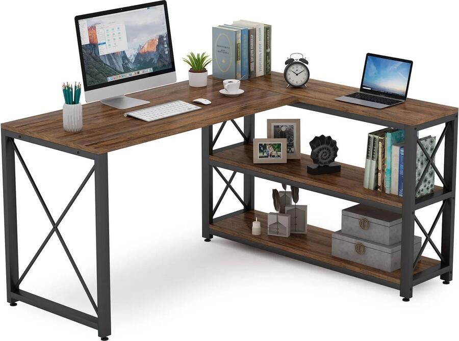 D&B Bureau Hoekbureau Ombouwbare L Vorm Computer Bureau Kleur Zwart Hoekbureau Met Opberg Ruimte 135 cm x 75 cm Metalen Frame MDF