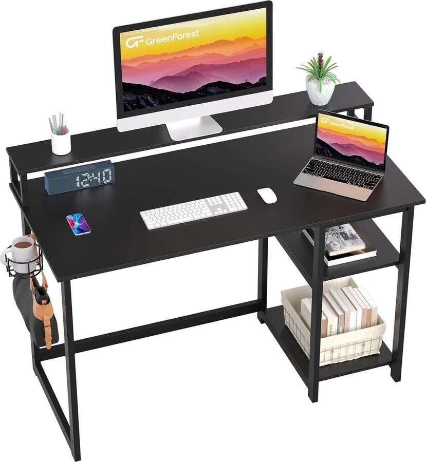 D&B Bureau Ultieme Werk en Gaming Desk Kinderkamer Monitor Stand Thuiswerken Flexibele Opslagplanken 100 x 50 Cm Hoofdtelefoon en Bekerhaken Stijlvol Zwart