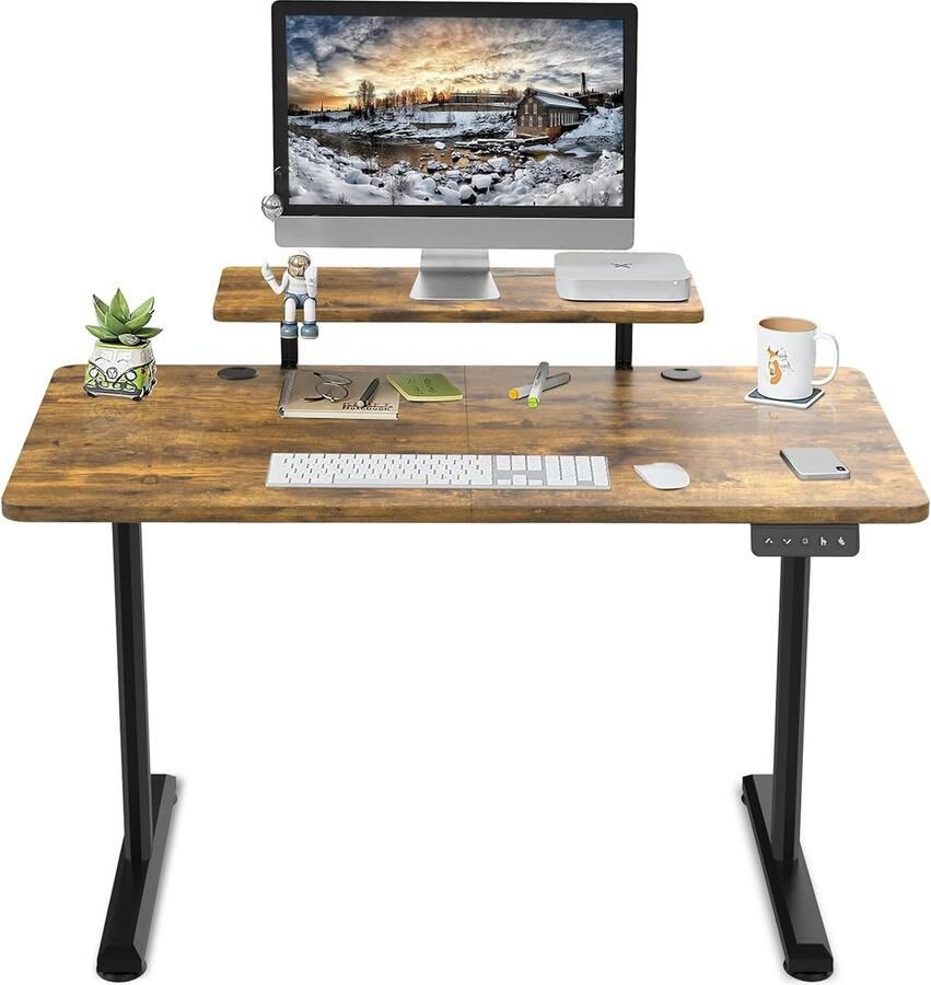 D&B Zit-Sta Bureau Elektrisch Verstelbaar Bureau 120 x 60 cm- Kantoor In Hoogte Verstelbaar 72 cm tot 117 cm Inclusief Monitorstandaard Thuiskantoor Draagvermogen van 60 kg Kleur Rustiek Bruin