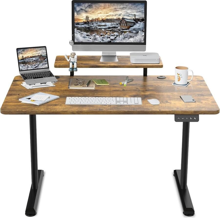 D&B Zit-Sta Bureau Elektrisch Verstelbaar Bureau 140 x 60 cm- Kantoor In Hoogte Verstelbaar 72 cm tot 117 cm Inclusief Monitorstandaard Thuiskantoor Draagvermogen van 60 kg Kleur Rustiek Bruin