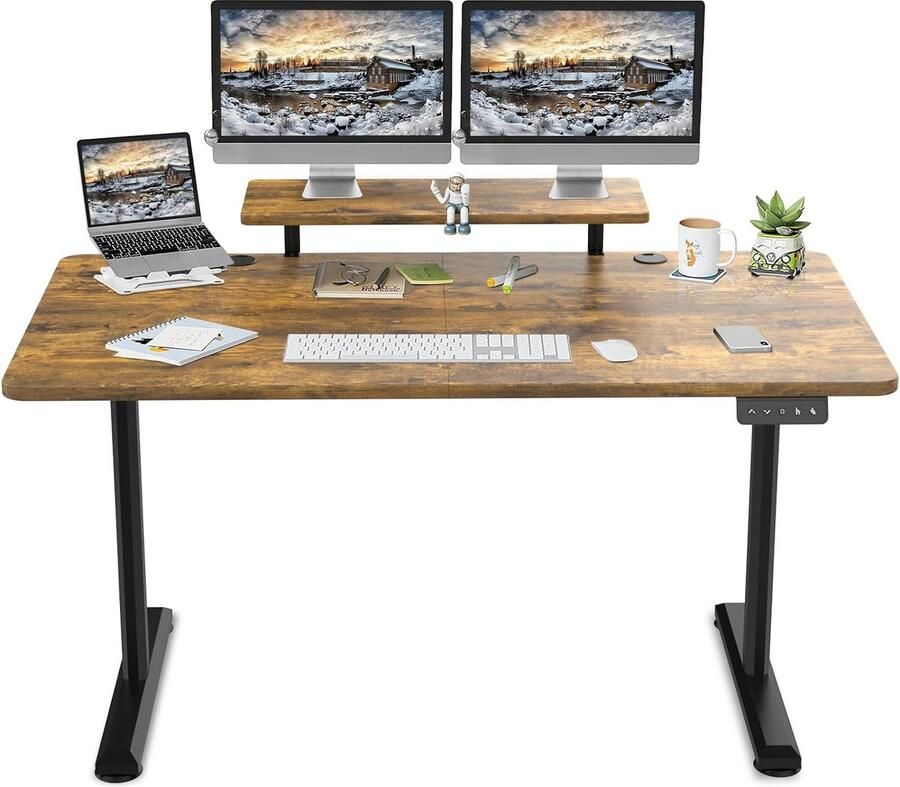 D&B Zit-Sta Bureau Elektrisch Verstelbaar Bureau 160 x 70 cm- Kantoor In Hoogte Verstelbaar 72 cm tot 117 cm Inclusief Monitorstandaard Thuiskantoor Draagvermogen van 60 kg Kleur Rustiek Bruin