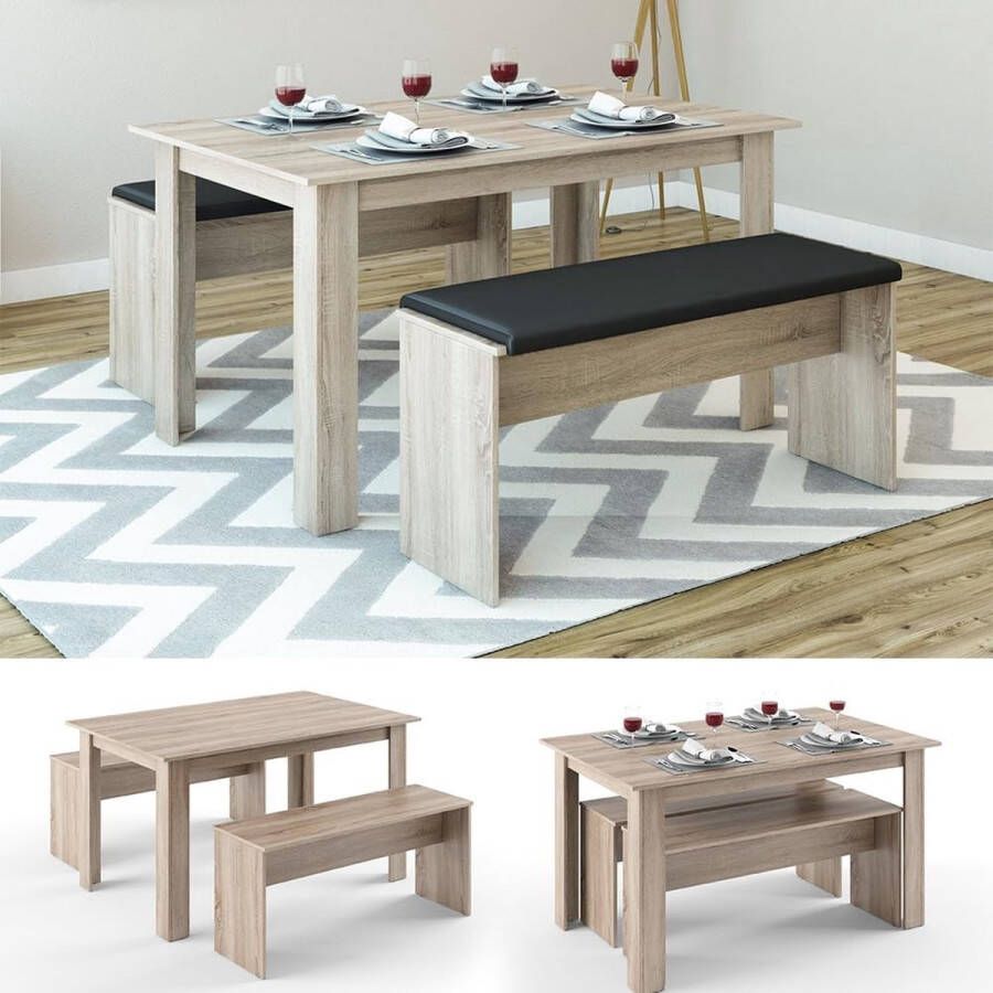 D&B Tafel Eettafel Set Met 2 Bankjes Compleet Eettafel Set Tafel 90 x 140 cm Kleur Sonoma