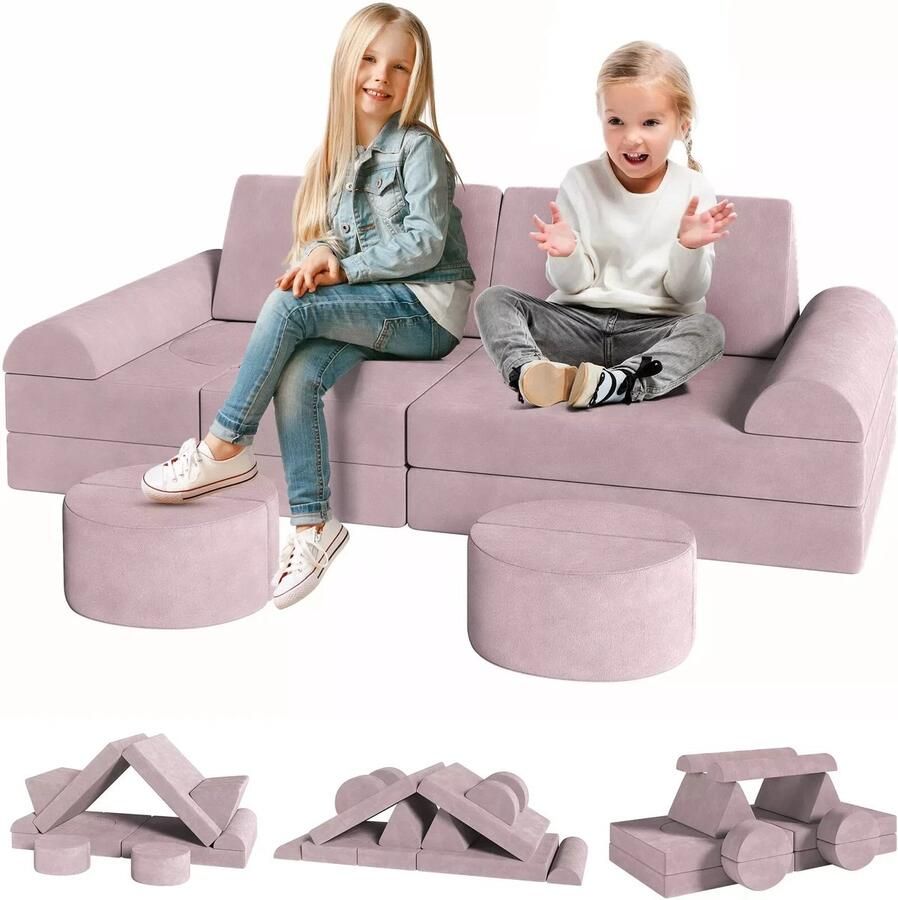 D-Store Kinderspeelbank Modulaire Zitbank voor Kinderen Speelkamermeubilair 14 Foamblokken 7 Verschillende Vormen