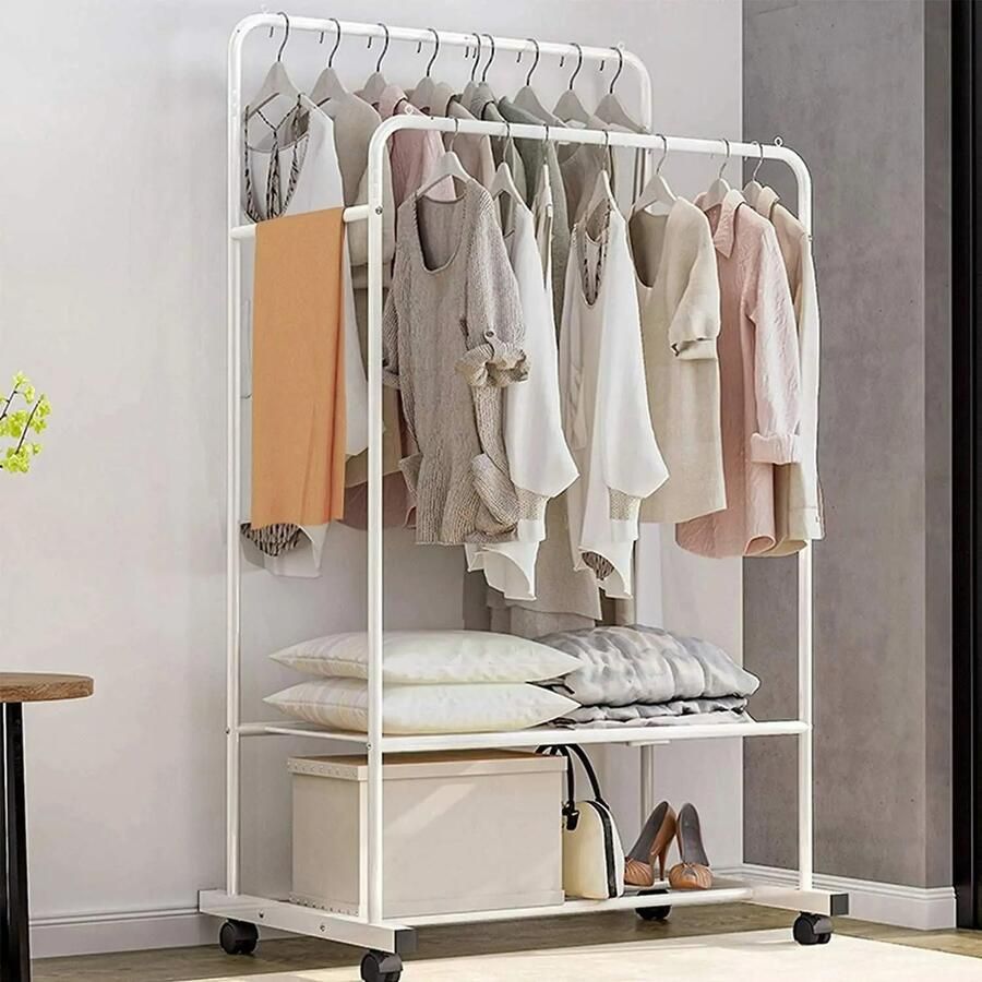 D-Store Kleding Schoenenrek Kledingrek Dubbele Rail Rolstandaard Schoenenrek Opbergplank Ingebouwde Wielen