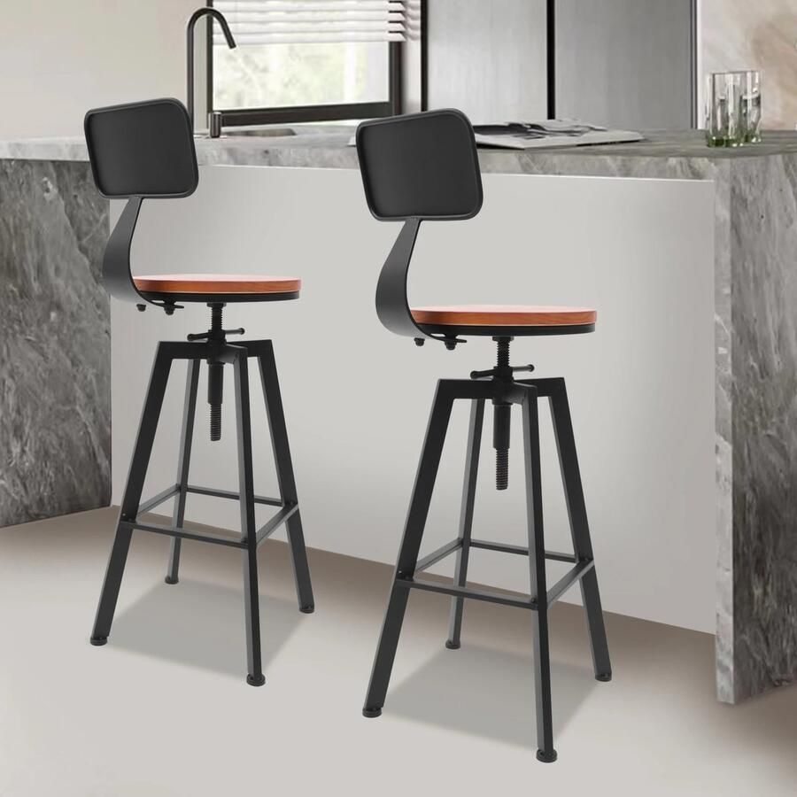 D-Store Retro Barkrukken Set 2 Houten Barkrukken Lounche Barkrukken Stijlvolle Look Dikke Metalen Structuur Verstelbare Hoogte