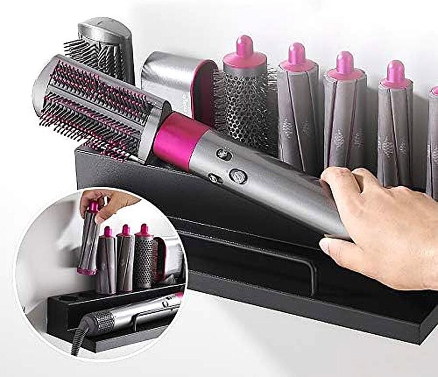 Dailysupplies Luxe Zwarte Föhn en Diffuser Wandrek met Opbergplekken voor Opzetstukken Opbergrek Badkamer en Huis Organizer voor Thuis Föhnhouder voor Diffuser