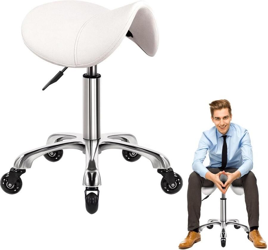DailySupplies Zadelkruk op Wielen Kapperskruk Ergonomisch Tabouret Wit