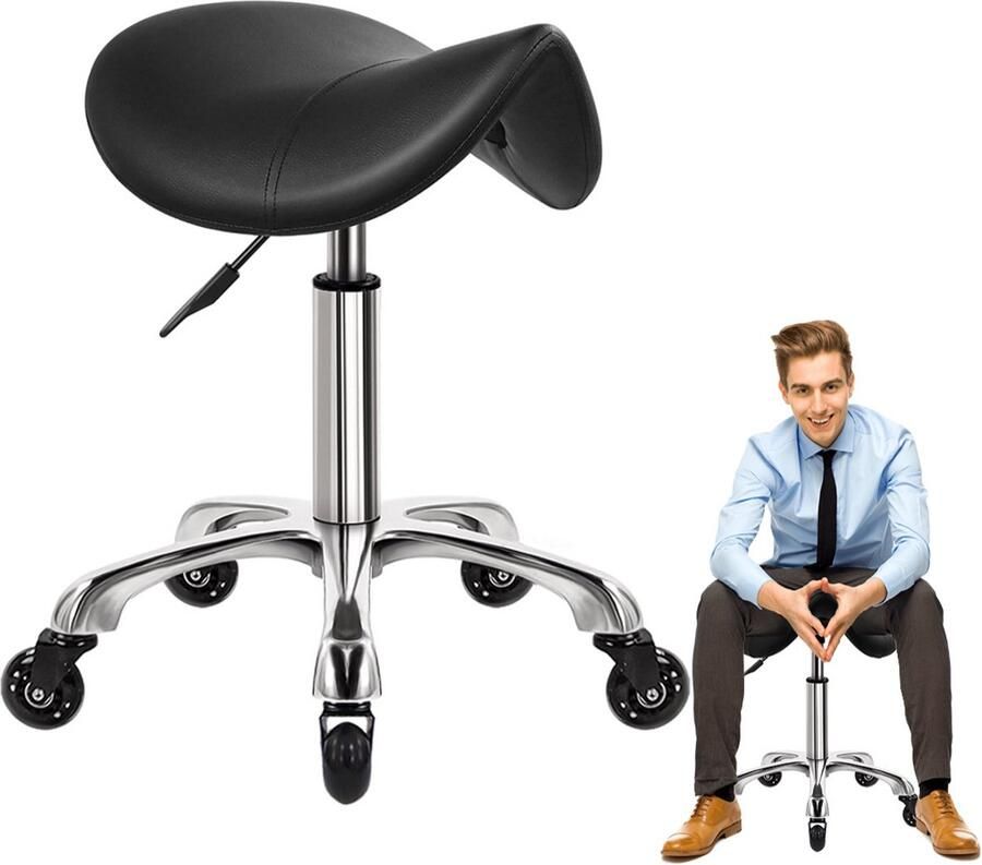 DailySupplies MRKK Zadelkruk op Wielen Kapperskruk Ergonomisch Tabouret Zwart