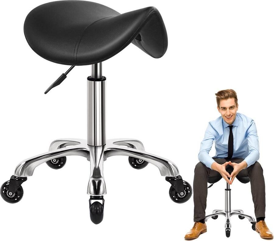 Dailysupplies Zadelkruk op Wielen Kapperskruk Ergonomisch Tabouret Zwart