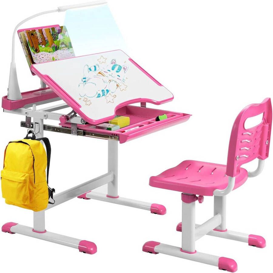 Dailysupplies Kinderbureau met Bureaustoel Kindertafel voor Jongen en Meisje Tekentafel met Stoeltjes Verstelbaar Roze met Wit
