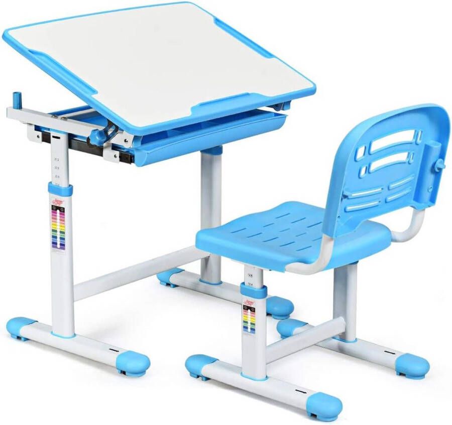 Dailysupplies Kinderbureau met Bureaustoel Kindertafel voor Jongen en Meisje Tekentafel met Stoeltjes Verstelbaar Licht Blauw met Wit