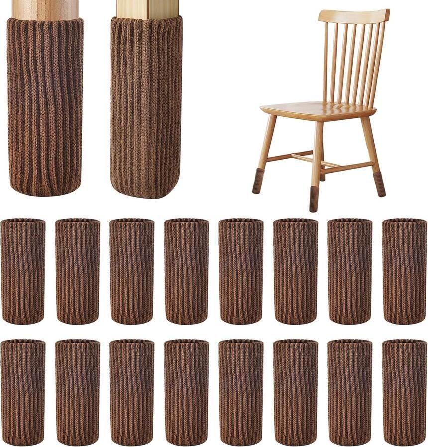 Daity 16 stuks Meubelpootbeschermers Gebreide stoelpootbeschermers voor hardhouten vloeren Zeer elastische barkrukpootbeschermers geschikt voor alle vormen (Bruin，past omtrek 7-20 cm)
