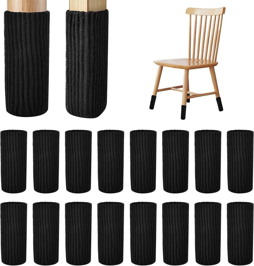Daity 16 stuks Meubelpootbeschermers Gebreide stoelpootbeschermers voor hardhouten vloeren Zeer elastische barkrukpootbeschermers geschikt voor alle vormen (Zwart，past omtrek 7-20 cm)