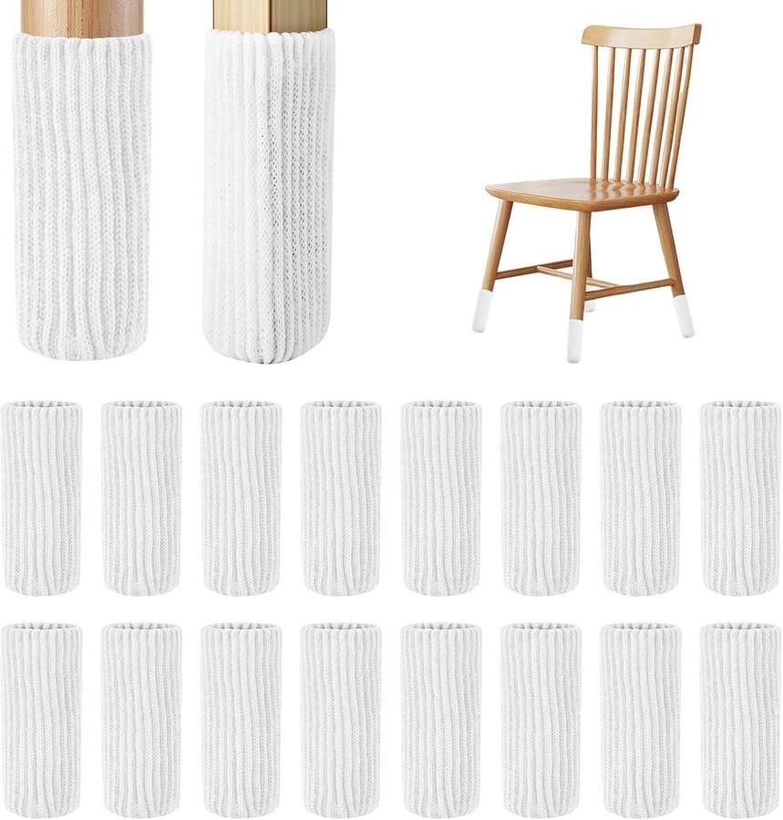 Daity 16 stuks Meubelpootbeschermers Gebreide stoelpootbeschermers voor hardhouten vloeren Zeer elastische barkrukpootbeschermers geschikt voor alle vormen (Wit，past omtrek 7-20 cm)