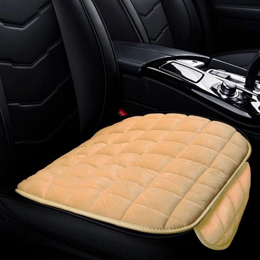 Daity Autostoelkussen zacht pluche bestuurdersstoelkussen met opbergvak antislip vlakke rubberen onderkant universele stoelbeschermer voor vrachtwagens auto's SUV's thuis op kantoor en stoelen (beige)