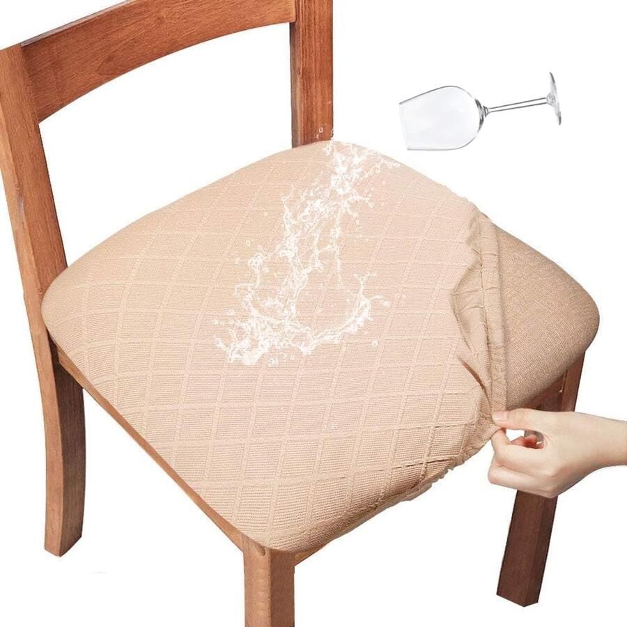 Daity Stoelhoezen eetkamerstoelhoezen met strikken stretch jacquard stoelhoezen beschermhoezen voor eetkamer- en keukenstoelen 4 stuks diamantbeige