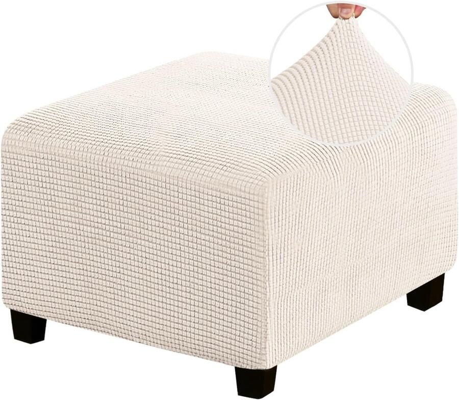 Daity Stretch voetenbankhoes vierkante voetenbankhoes voor de woonkamer stretch hoes voor voetenbank in de woonkamer geschikt voor voetenbank in de woonkamer dikke jacquardstof met elastische onderkant (medium ivoor)
