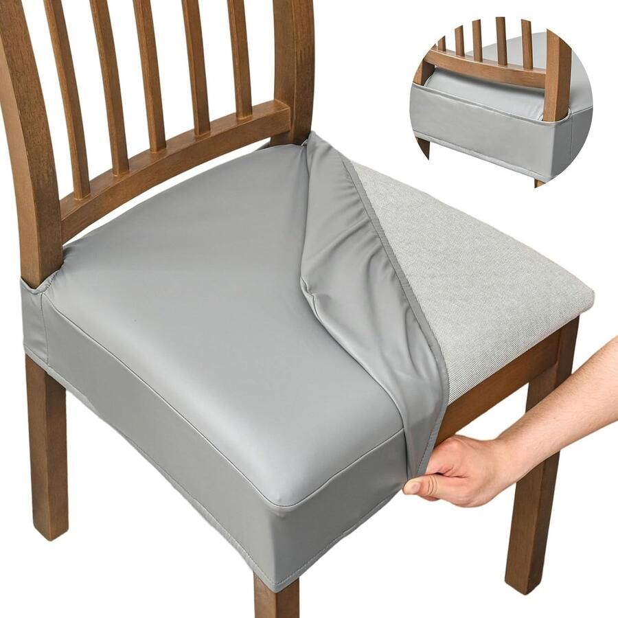 Daity Waterdichte stoelhoezen voor eetkamerstoelen set van 2 stoelhoezen van PU-leer afneembare en wasbare stoelbeschermer rugleuning (PU-grijs)