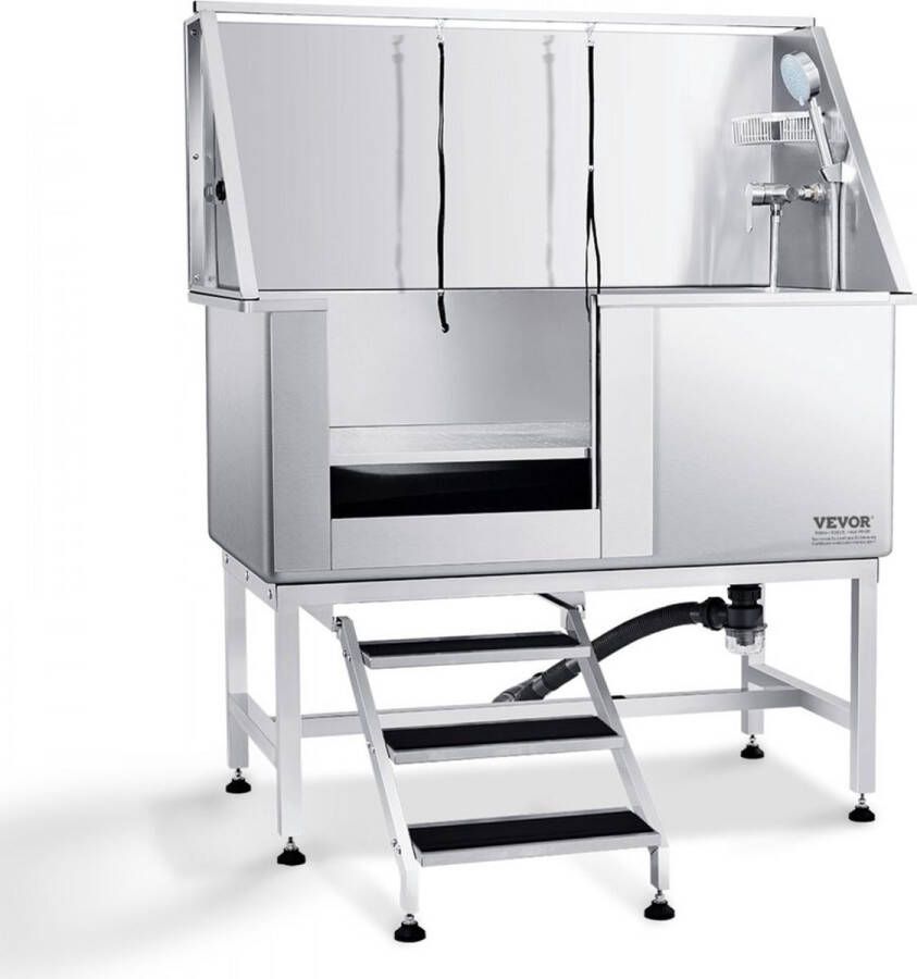 Dakta Professionele hondenverzorgingskuip 127cm roestvrij staal huisdierbad hondenwasstation max.150kg hondenverzorgingsdouche hondenwassysteem huisdierverzorgingskuip met linkerdeur hondendouche waskuip