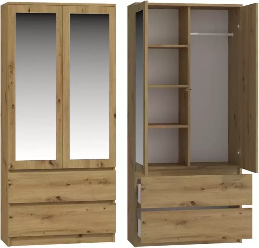 Damilano Kledingkasten slaapkamer – Kledingkast – Met spiegel – 2 lades – Kledingkasten Eiken Kleur