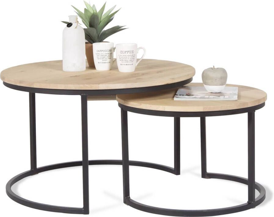 De Bommel Meubelen Bijzettafels (set van 2) Keith Nature White Bijzettafel Rond Bijzettafel Hout Industrieel - Foto 2