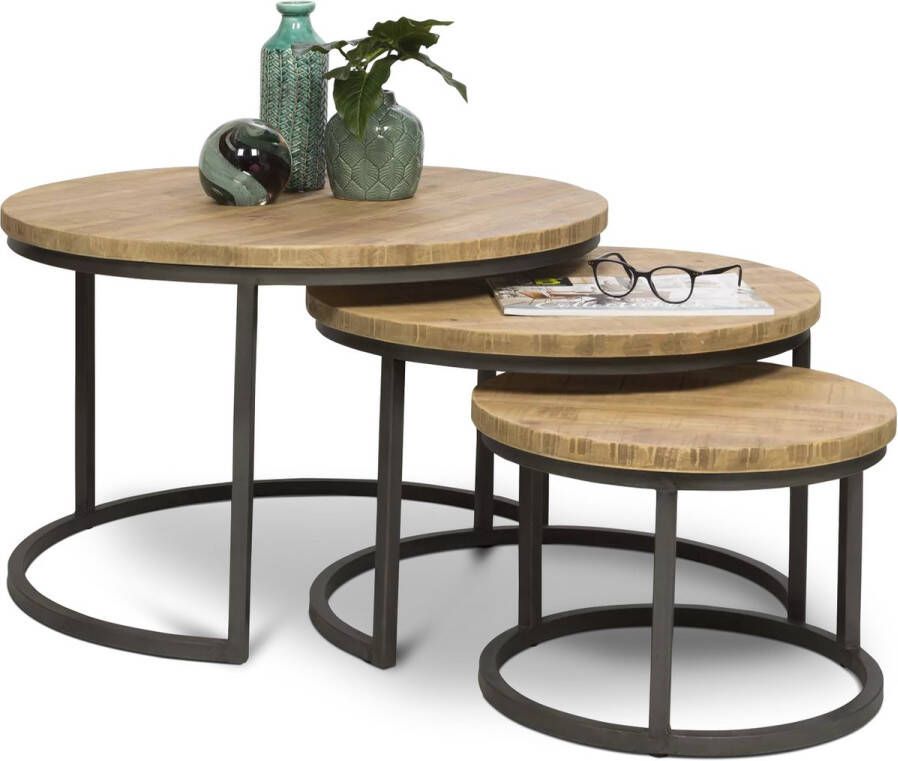 De Bommel Meubelen Bijzettafels Steelwood (set van 3) Seasoned Brown Metaal Houten bijzettafel Bruin Bijzettafel rond Salontafel rond Industriële bijzettafel Salontafel Rond Salontafel Hout Industrieel - Foto 2