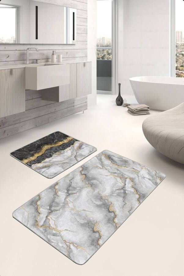 De Groen Home Badmat antislip 2 stuk set 60x100 & 50x60 Marmeren patroon- Wc mat Toiletmat Deurmat