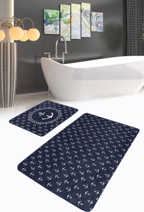 De Groen Home Badmat antislip 2 stuk set 60x100 & 50x60 Wc mat Toiletmat Scheepsanker Deurmat