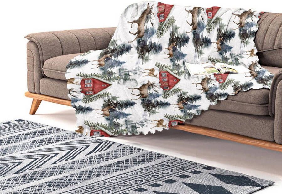 De Groen Home Bank plaid 135x220 Velvet plaid Rendieren & Berghuisje Kerst decoratie Bankhoes Sofa cover