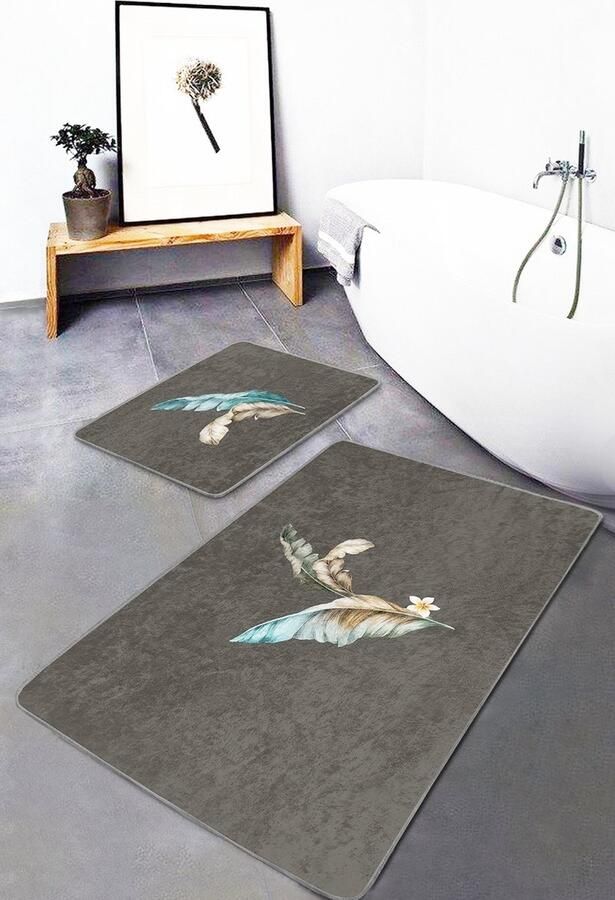 De Groen Home Badmat antislip 2 stuk set Badmatten 60x100 en 50x60 Wc mat Toiletmat Blauw&Bruin veren Vloerkleed Badkamermat voor badkamer