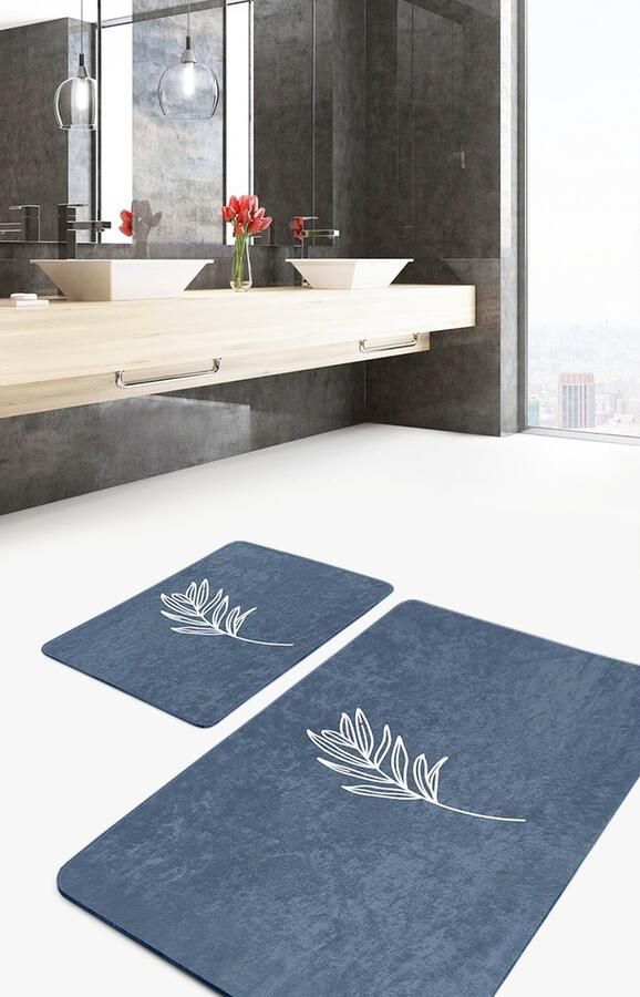 De Groen Home Badmat antislip 2 stuk set Badmatten 60x100 en 50x60 Wc mat Toiletmat Douchemat Bladeren op donkerblauw Vloerkleed Badkamermat voor badkamer