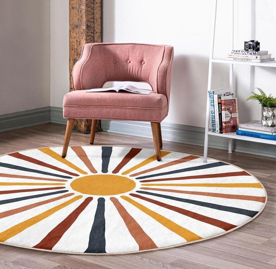 De Groen Home Rond Vloerkleed Ø150cm- Wasbaar- Anti-slip Laagpolig Tapijt- 10 mm dikte super zacht- Kleurrijke Mandala op Zwart