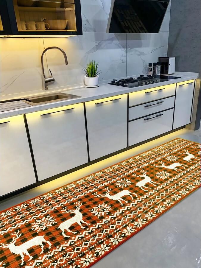 De Groen Home Vloerkleed 80x220cm Kerst Rood Oranje Wasbaar Antislip Laagpolig Zacht Tapijt- Keukenloper