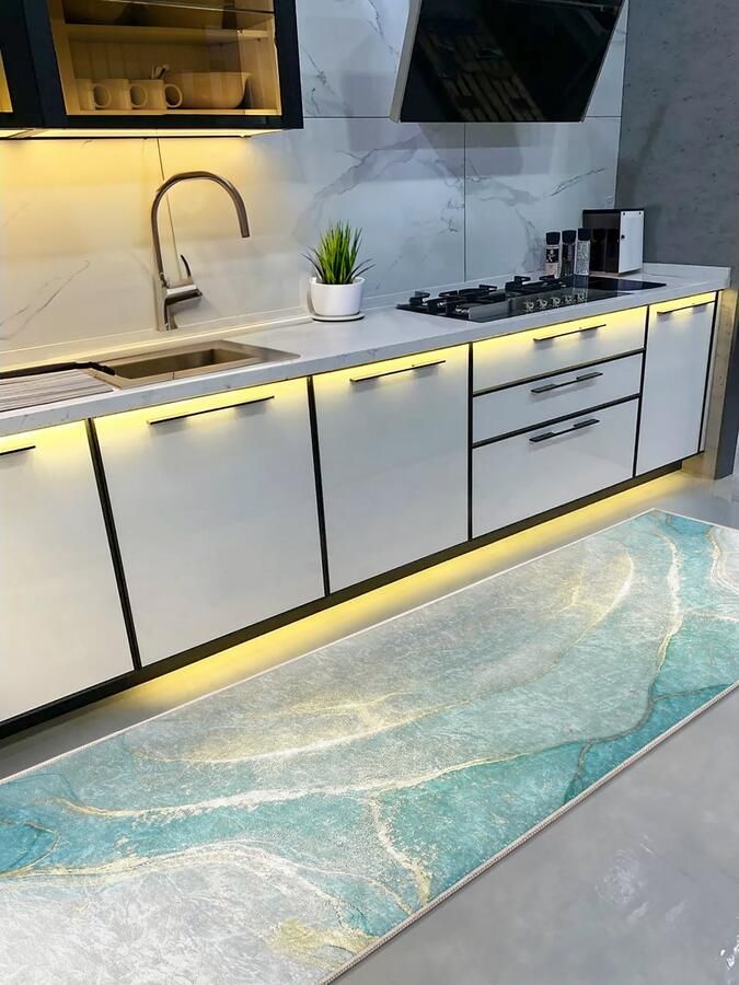 De Groen Home Vloerkleed 65x180cm Keukenloper Wasbaar Antislip Groene marmer patroon Laagpolig Zacht Tapijt