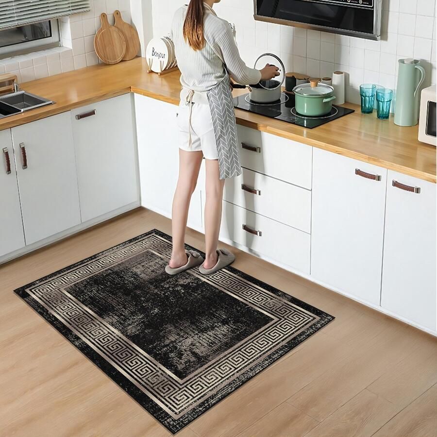 De Groen Home Vloerkleed 80x120cm Keukenloper Halloper Gold & Zwart Wasbaar Antislip Zacht Tapijt