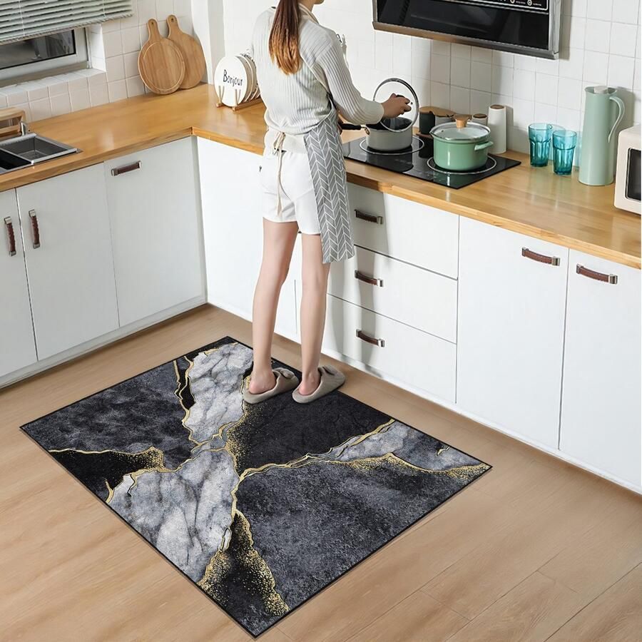 De Groen Home Vloerkleed 80x120cm Keukenloper Halloper Zwarte marmer patroon Wasbaar Antislip Zacht Tapijt