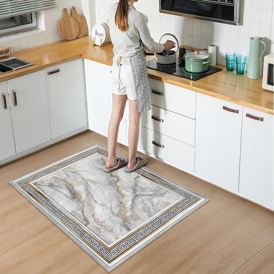 De Groen Home Vloerkleed 80x120cm Keukenloper Halloper Wit marmer patroon Wasbaar Antislip Zacht Tapijt