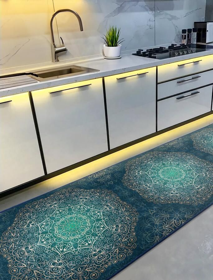 De Groen Home Vloerkleed 80x220cm Deurmat binnen Keukenloper Laagpolig Zacht Tapijt Halloper Wasbaar Antislip Gold Mandala