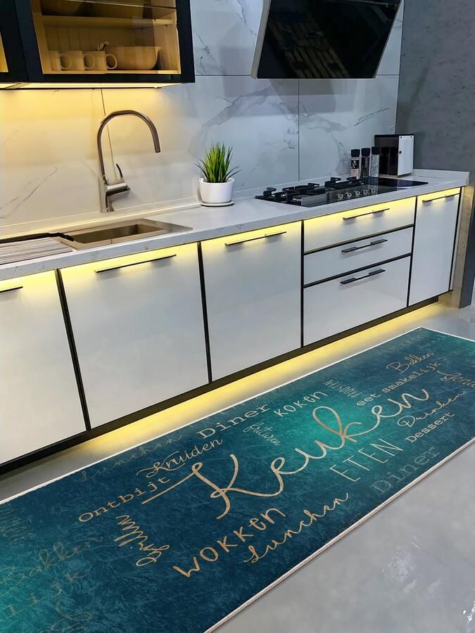 De Groen Home Vloerkleed Keukenloper set 65x180 & 60x100 cm Deurmat binnen Halloper set Onedraw op donkerblauw Wasbaar Antislip Zacht Tapijt