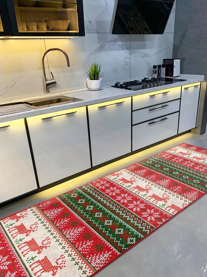 De Groen Home Vloerkleed 80x220cm Keukenloper Kerst rendieren- Wasbaar Antislip Laagpolig Zacht Tapijt