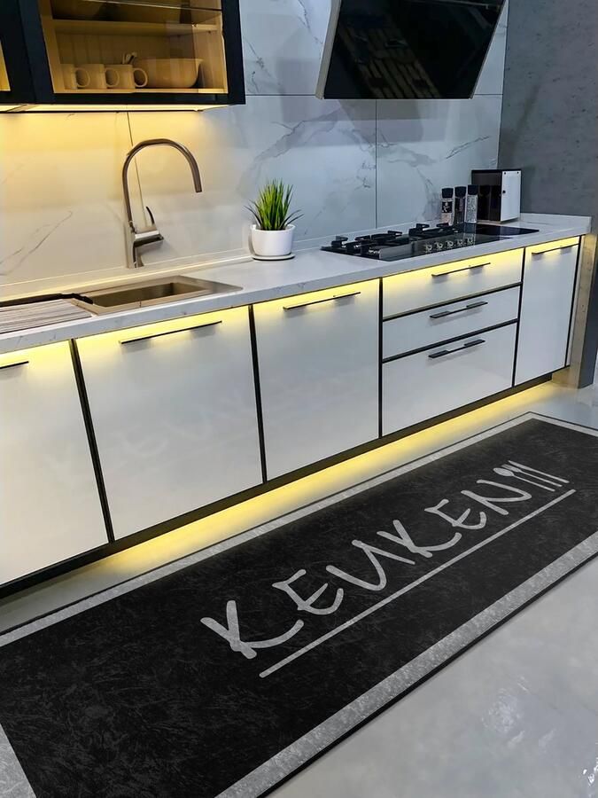 De Groen Home Vloerkleed Keukenloper set 65x180 & 60x100 cm Deurmat binnen Halloper set Witte kader Wasbaar Antislip Zacht Tapijt