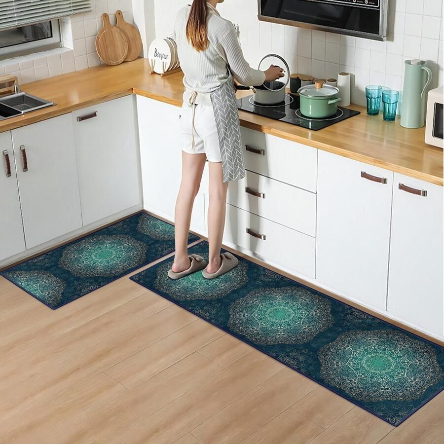 De Groen Home Vloerkleed Keukenloper set 65x180 & 60x100 cm Deurmat binnen Halloper set Gold mandala Wasbaar Antislip Zacht Tapijt