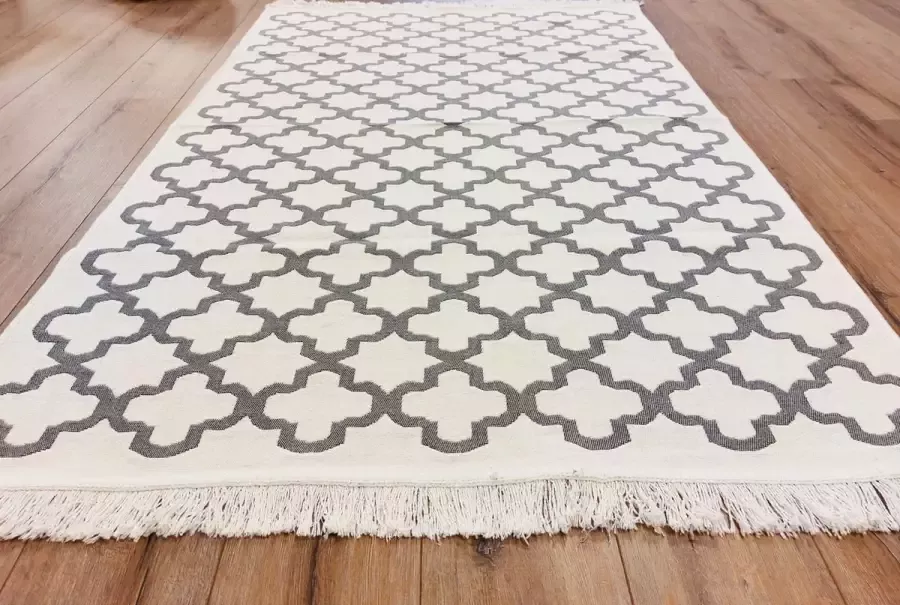 De Groen Home Kelim Vloerkleed Modern 100x200- Grijs & Gebroken wit