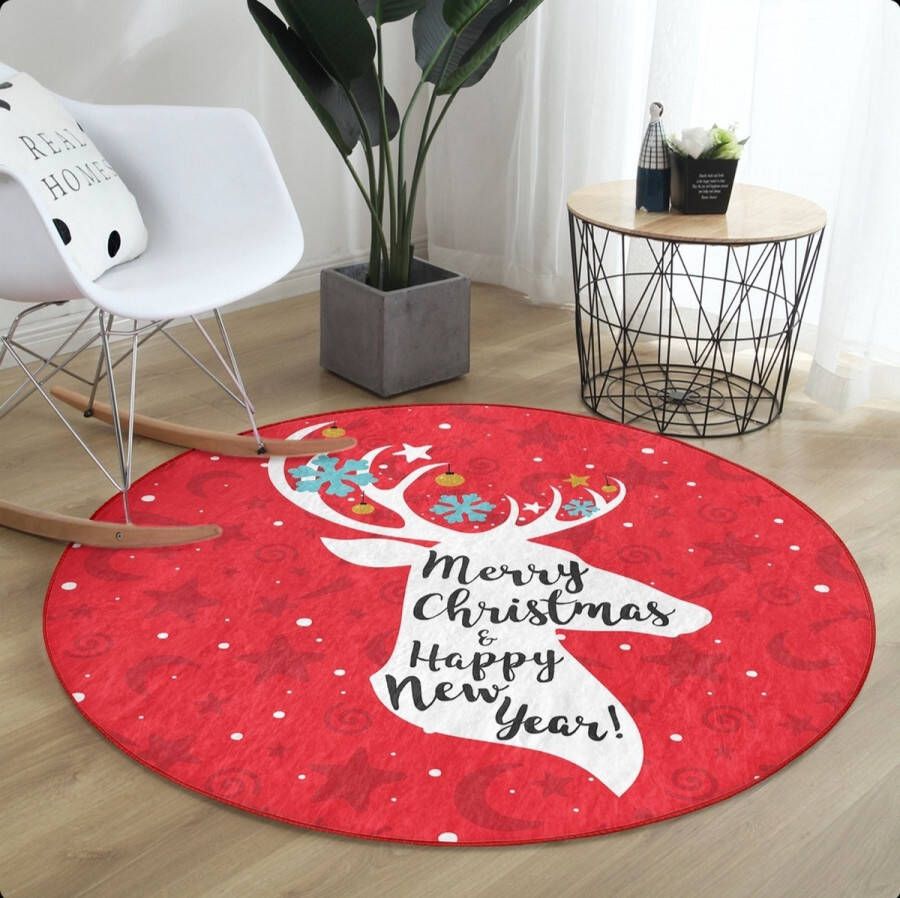 De Groen Home Rond Vloerkleed Ø120cm Merry Christmas & Happy New Year Wasbaar Antislip Laagpolig Tapijt Christmas Kerst Decor