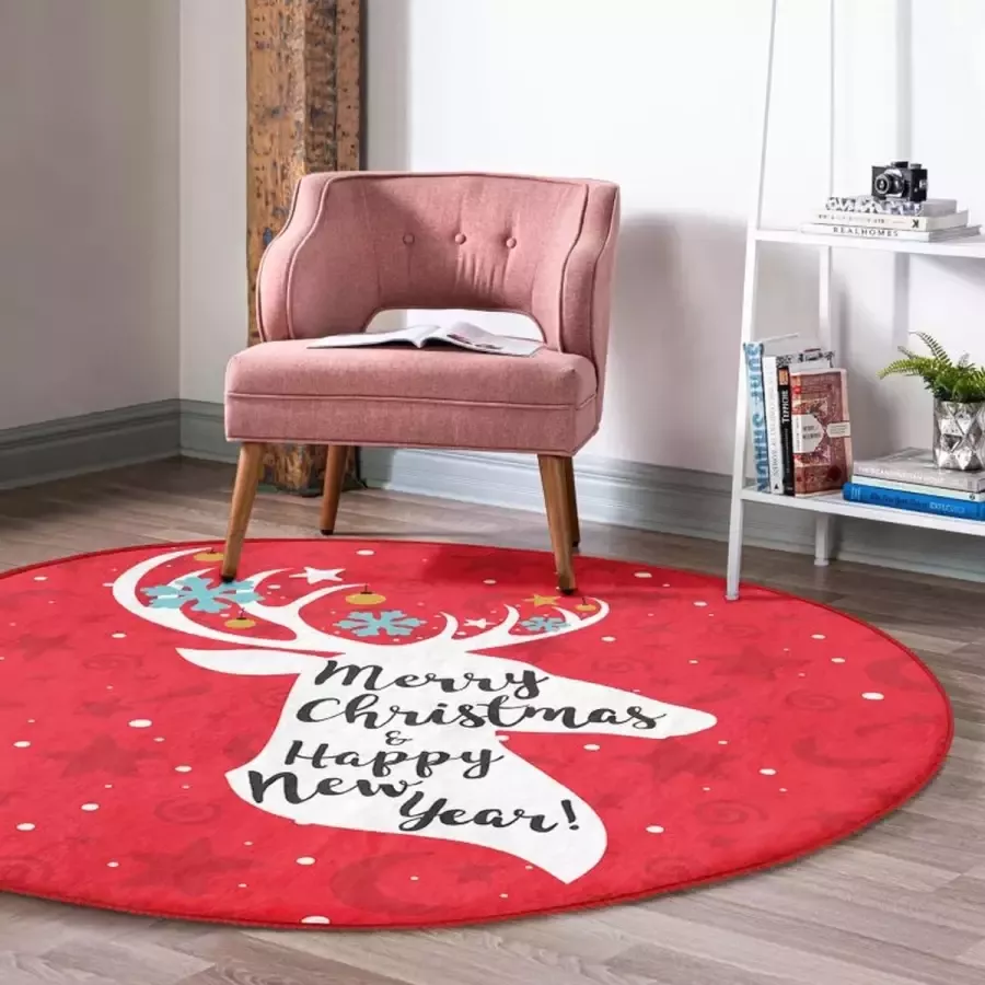 De Groen Home Rond Vloerkleed Ø120cm Merry Christmas & Happy New Year Wasbaar Antislip Laagpolig Tapijt Christmas Kerst Decor