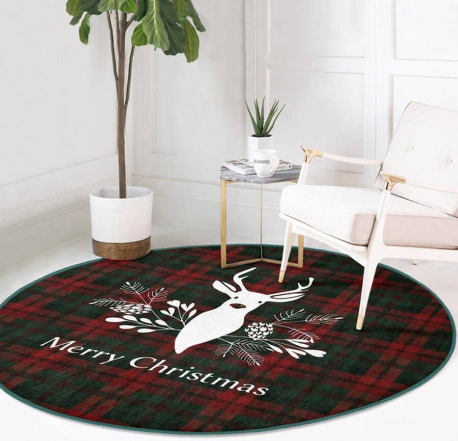 De Groen Home Rond Vloerkleed Ø120cm Merry Christmas op Donkerrood Wasbaar Antislip Laagpolig Tapijt Christmas Kerst Decor