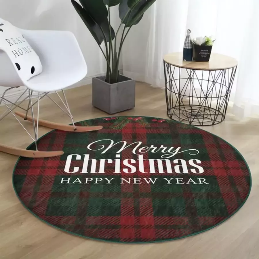 De Groen Home Rond Vloerkleed Ø120cm Merry Christmas op Donkerrood Wasbaar Antislip Laagpolig Tapijt Christmas Kerst Decor